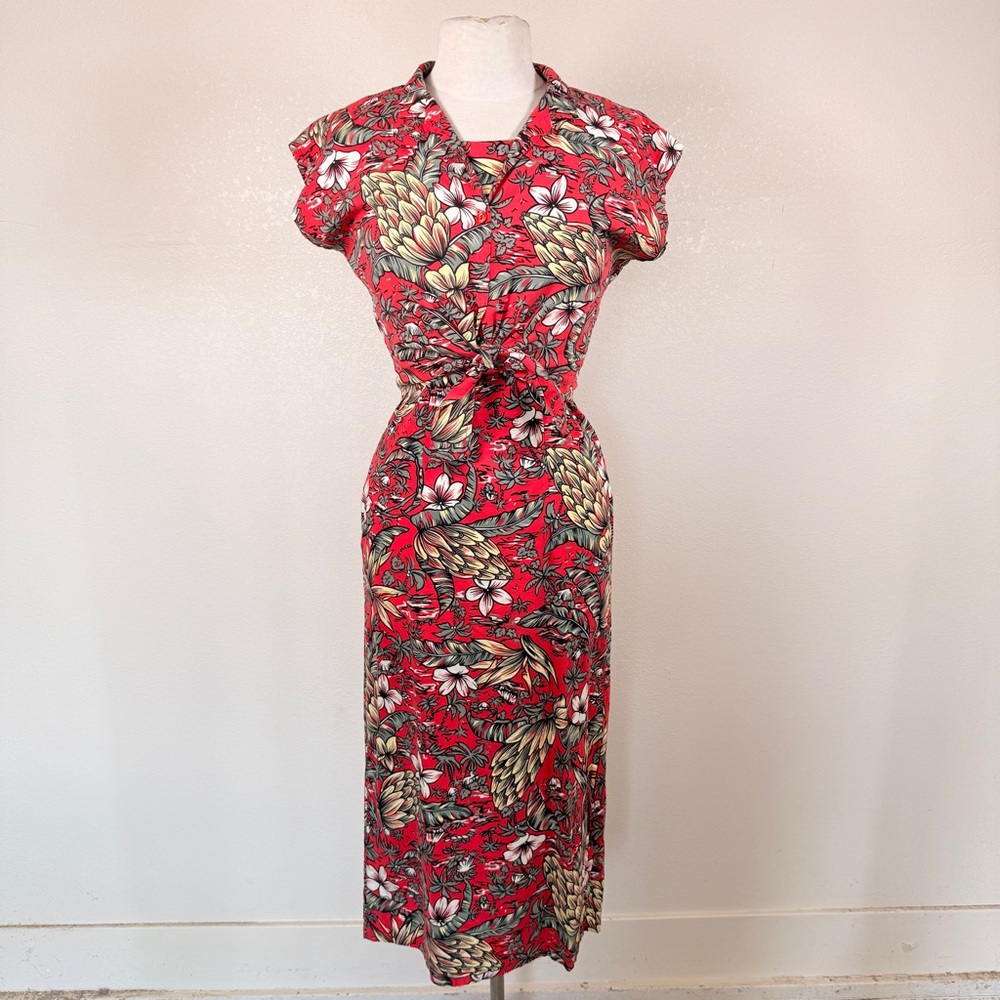 Hilo Hattie Vintage Hawaiian Dress Red 2 Piece Tie Midi Summer Dress Bananas